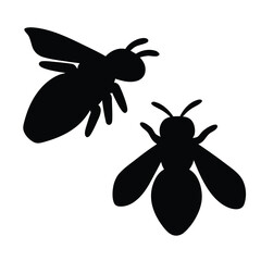 Two silhouetted bees flying in opposite directions against a white background