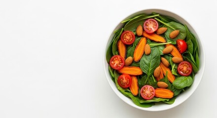 Fresh and vibrant salad with cherry tomatoes carrots and almonds in a white bowl