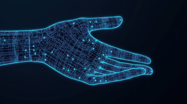 A digital representation of a hand created with a network of glowing lines and nodes against a dark background.