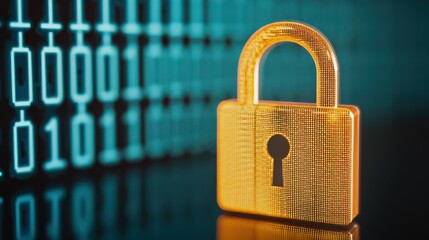 A digital padlock against a backdrop of binary code, symbolizing cybersecurity and data protection in the digital age.