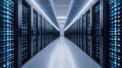 A modern data center corridor lined with high-tech server racks, illuminated by blue lights, showcasing advanced technology in a sleek environment.