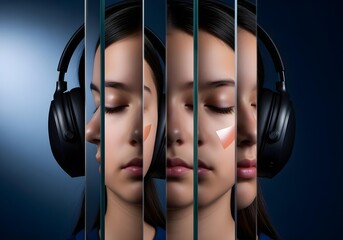 Autistic teen girl woman with noise cancelling headphones neutral face reflected in glass segments showing perceptual disconnection identity layering sound isolation neurodivergent state