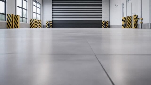 Clean industrial interior with striped bollards and roller shutter door background