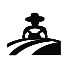 Silhouette of a farmer wearing a hat driving a vehicle through a stylized field
