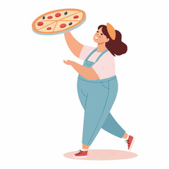 Happy woman serving pizza while walking in casual outfit  
