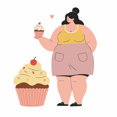 Plus-size woman holding cupcake with cheerful expression and dessert  