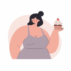 Plus-size woman holding cupcake with sweet expression on face  