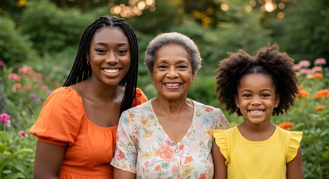 Three generations smile outdoors
