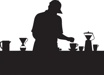 Silhouette of barista preparing pour over coffee with equipment