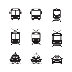 Minimal Public Transportation Icons Set – Silhouette Vector Symbols for Bus, Train, Metro, on white background.