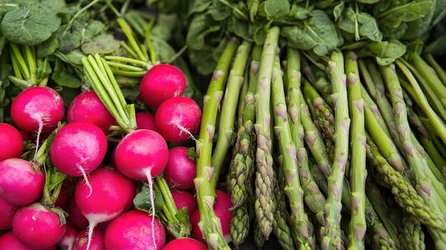 Fresh radishes and asparagus on a wooden table, ready to be eaten or used in a recipe