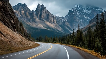 Fototapeta premium Curvy mountain road surrounded by tall peaks dramatic perspective AI-generated