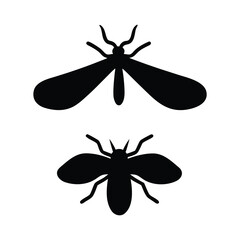 Two silhouetted flying insects with wings spread against a white background