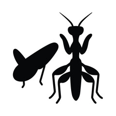 Silhouette of a praying mantis and its prey a grasshopper in black and white