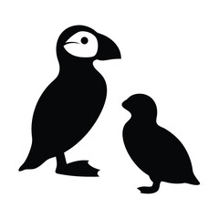 Two silhouette puffins one large adult and one smaller juvenile bird illustration