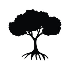 Silhouette of a mature tree with visible roots and a full textured canopy against a white background