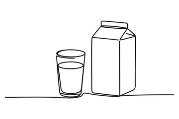 Continuous one line glass of milk and milk package. Single line milk and carton box, organic food concept. one line Icon drawing with white background