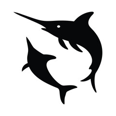 Silhouette of a swordfish and dolphin swimming in a circular motion against a white background