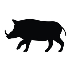 Silhouette of a warthog walking with its head down against a white background
