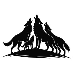 Silhouette of a Pack Howling Wolves Displaying Unity and Wilderness of the Animals With a Playful Young Wolf Cub