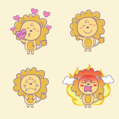 Cute cartoon lion character in different emotions: love, happiness, sadness, and anger. Perfect for social media, greeting cards, and children's projects