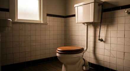 Old tiled room with a vintage ceramic toilet and soft morning light, classic sanitation vibe