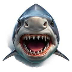Menacing shark face, close up, cutout, PNG isolated on white or transparent background