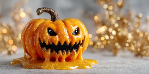 Quirky Smiling Pumpkin Monster With Tiny Fangs Dripping Goo Set Against A Glittery Background