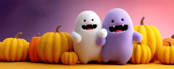 Two Fluffy Monsters Carving Pumpkins Together in a Colorful Halloween Setting