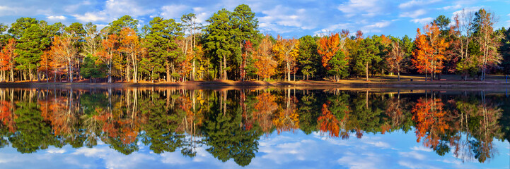 Autumn Tree Reflections At Williams Lake Panorama with calm water and a blue sky