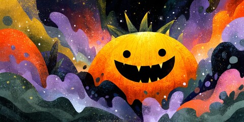 Vibrant Cartoon Pumpkin Monster with Tiny Fangs Surrounded by Colorful Abstract Swirls and Sparkles