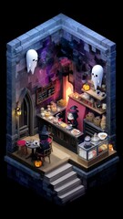Whimsical Isometric Halloween Cafe Featuring Ghost Customers and Witches Behind the Counter