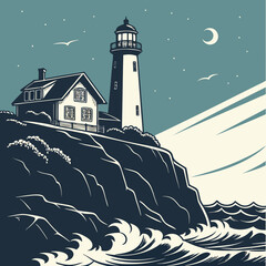 A lighthouse stands tall on a cliff overlooking the ocean at night