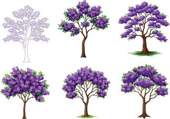 Obraz premium Purple tree illustrations in varied styles, cartoon foliage and trunk designs for nature-themed artwork, seasonal visuals, and decorative landscape elements