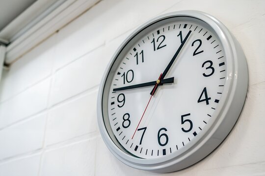 Close up of a white analog wall clock with black numbers and hands showing the time