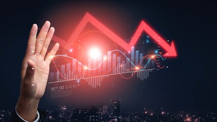 Economic caution visualized with fluctuating market graph, alert symbols, and negative data trends....