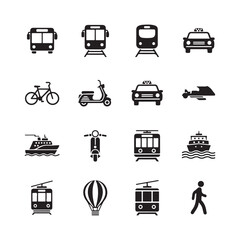 Minimal Public Transportation Icons Set – Silhouette Vector Symbols for Bus, Train, Metro, on white background.