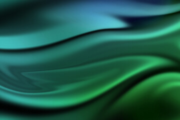Illustration of abstract flowing silk fabric texture with smooth waves and gradients of teal and green, creating a luxurious and elegant background for design