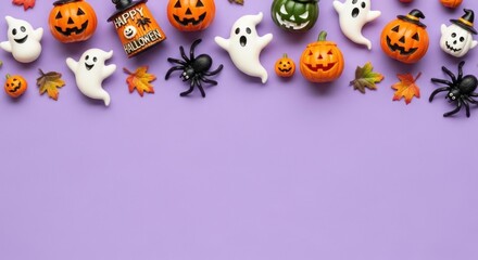 Obraz premium Halloween decorations featuring pumpkins ghosts spiders and leaves on purple background