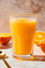 a glass of orange juice with a spill