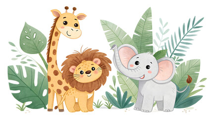 Obraz premium Adorable cartoon safari animals elephant lion giraffe jungle plants cute wildlife characters adorable nursery decor