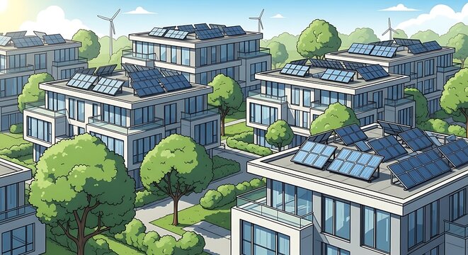 Modern eco-friendly homes featuring solar panels and wind turbines for sustainable living