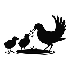 Mother Bird Feeding Chicks Silhouette Artistic Black and White Illustration of Parental Care in Nature