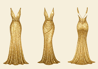 Three Golden Sequin Gowns: Front Draped and Back Views of Elegant Evening Dresses.