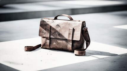 Brown leather messenger bag on light surface