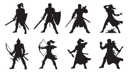 Set of warrior silhouettes featuring knights archers and sword fighters in various poses vector illustration for game design and fantasy concepts