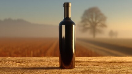 Wine bottle on wooden surface misty morning