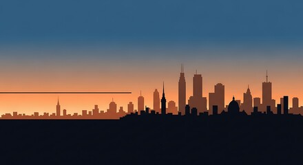 Obraz premium Modern city skyline silhouette at dusk with vibrant orange sky and deep blue horizon
