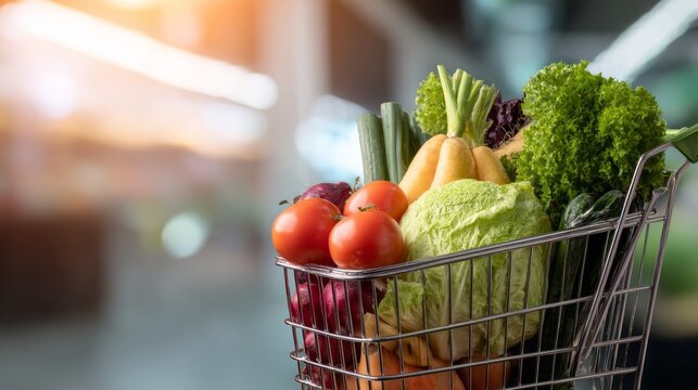 Fresh produce fills shopping cart in a busy grocery store