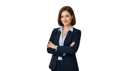 Confident businesswoman in a navy suit with arms crossed Professional and approachable image for corporate communications